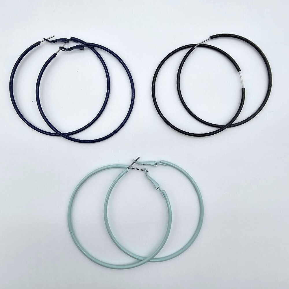 Large Hoop Earrings, Set of 3 Bundle | Black, Navy & Baby Blue